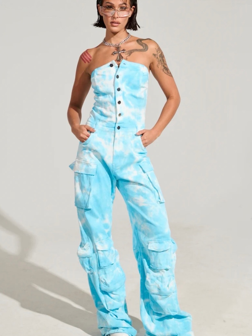 AKIRA Light Blue Tie-Dye Strapless Cargo Jumpsuit
